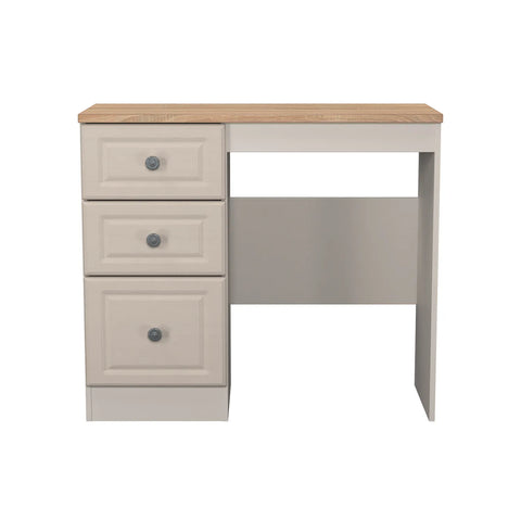 Norfolk Kasmir Ash Single Pedestal Dressing Table, Norfolk is a two colour tone Bedroom Furniture which has Bardilon oak top and painted base. Available in choice of 3 colours White, Kashmir and Grey. Fully Assembled. Quick Delivery 