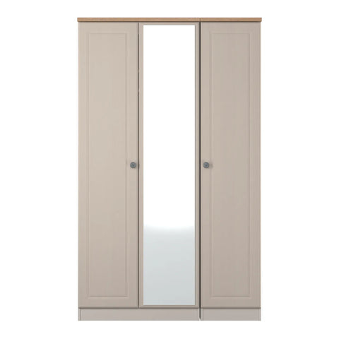 Norfolk Kashmir Ash 3 Door Hinged Wardrobe with Mirror, Available in Choice of 3 Colours, White, Grey and Kashmir and features Bardolino Oak Top, Free Quick Delivery. Ready Assembled 