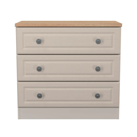 Norfolk Kashmir Grey 3 Drawer Chest, Norfolk is a two colour tone Bedroom Furniture which has Bardilon oak top and painted base. Available in choice of 3 colours White, Kashmir and Grey. Fully Assembled. Quick Delivery