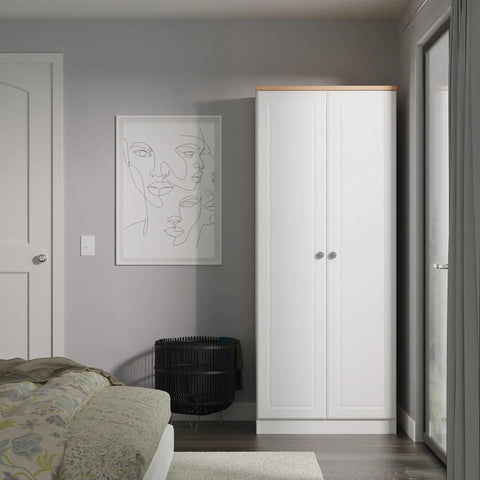 Norfolk White Ash 2 Door Hinged Wardrobe, Available in Choice of 3 Colours, White, Grey and Kashmir and features Bardolino Oak Top, Free Quick Delivery. Ready Assembled - Lifestyle Image