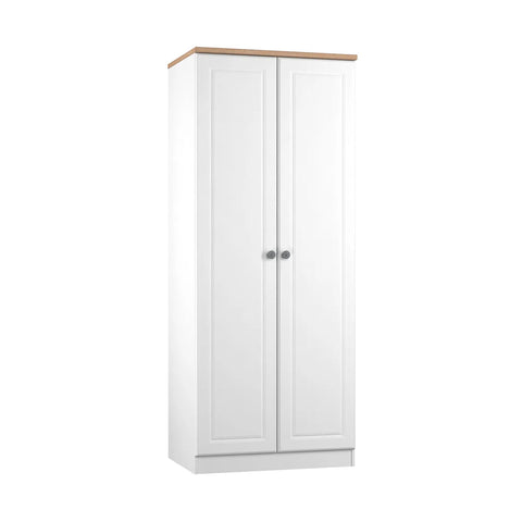 Norfolk White Ash 2 Door Hinged Wardrobe, Available in Choice of 3 Colours, White, Grey and Kashmir and features Bardolino Oak Top, Free Quick Delivery. Ready Assembled - Angled View