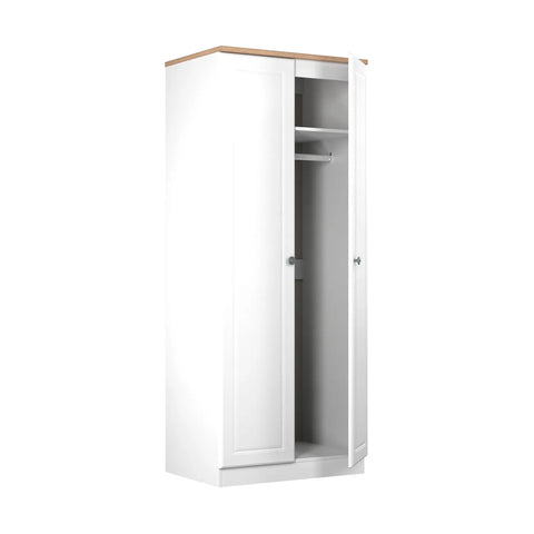 Norfolk White Ash  2 Door Hinged Wardrobe, Available in Choice of 3 Colours, White, Grey and Kashmir and features Bardolino Oak Top, Free Quick Delivery. Ready Assembled -  Open Door