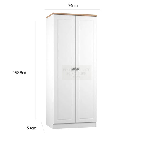 Norfolk White Ash  2 Door Hinged Wardrobe, Available in Choice of 3 Colours, White, Grey and Kashmir and features Bardolino Oak Top, Free Quick Delivery. Ready Assembled - Dimensions 