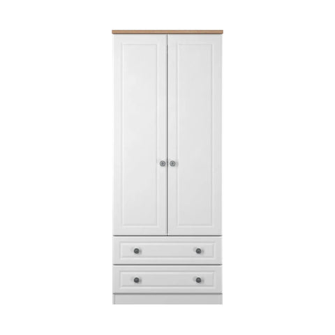 Norfolk White Ash 2 Door Hinged Wardrobe with 2 Drawers at the Bottom, Available in Choice of 3 Colours, White, Grey and Kashmir and features Bardolino Oak Top, Free Quick Delivery. Ready Assembled  -  Front View