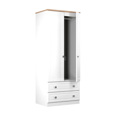 Norfolk White Ash 2 Door Hinged Wardrobe with 2 Drawers at the Bottom, Available in Choice of 3 Colours, White, Grey and Kashmir and features Bardolino Oak Top, Free Quick Delivery. Ready Assembled  -  Open Door