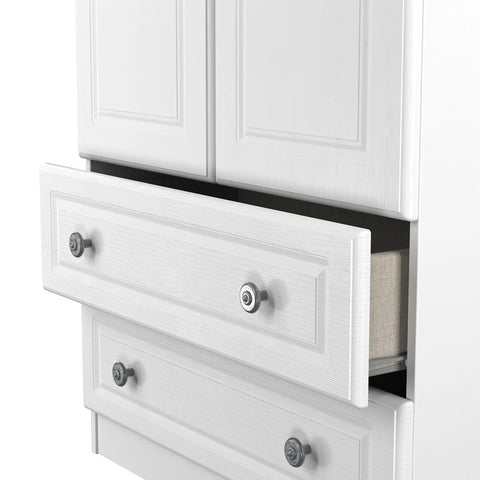 Norfolk White Ash 2 Door Hinged Wardrobe with 2 Drawers at the Bottom, Available in Choice of 3 Colours, White, Grey and Kashmir and features Bardolino Oak Top, Free Quick Delivery. Ready Assembled  - Open Drawer Close Up 