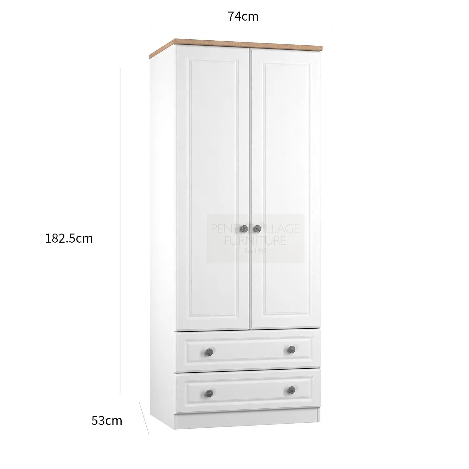 Norfolk Dusk Grey 2 Door Hinged Wardrobe with 2 Drawers at the Bottom, Available in Choice of 3 Colours, White, Grey and Kashmir and features Bardolino Oak Top, Free Quick Delivery. Ready Assembled  - Dimensions 