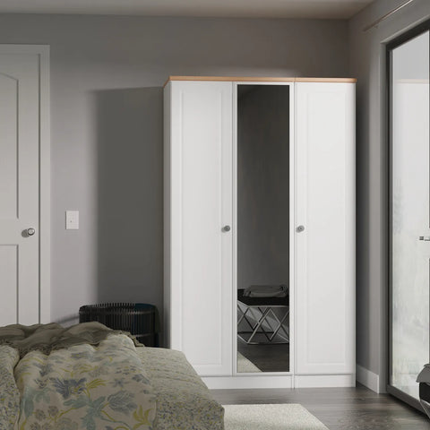 Norfolk White Ash 3 Door Hinged Wardrobe with Mirror, Available in Choice of 3 Colours, White, Grey and Kashmir and features Bardolino Oak Top, Free Quick Delivery. Ready Assembled - Lifestyle Image