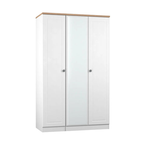 Norfolk White Ash 3 Door Hinged Wardrobe with Mirror, Available in Choice of 3 Colours, White, Grey and Kashmir and features Bardolino Oak Top, Free Quick Delivery. Ready Assembled  - Angled View