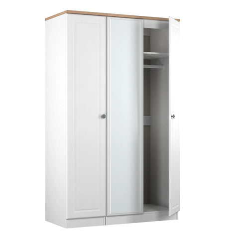 Norfolk White Ash 3 Door Hinged Wardrobe with Mirror, Available in Choice of 3 Colours, White, Grey and Kashmir and features Bardolino Oak Top, Free Quick Delivery. Ready Assembled - Open Door