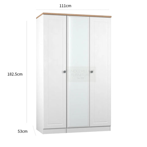 Norfolk White Ash 3 Door Hinged Wardrobe with Mirror, Available in Choice of 3 Colours, White, Grey and Kashmir and features Bardolino Oak Top, Free Quick Delivery. Ready Assembled - Dimensions 