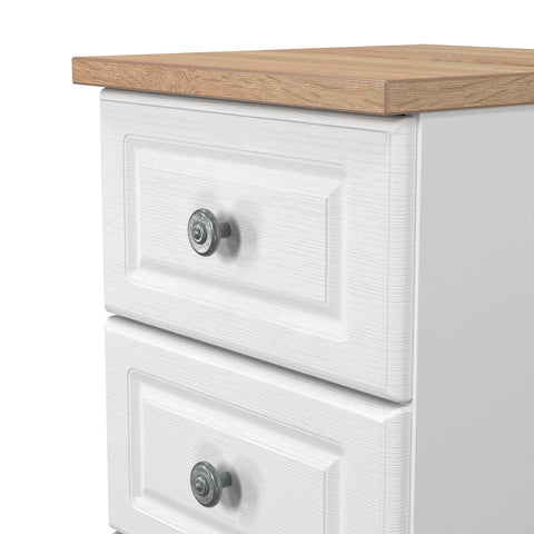 Norfolk 5 Drawer Bedside Cabinet, Bardolino Oak Top With Painted White Base - Available in choice of 3 Colours , White Ash, Kashmir Ash and dusk Grey - Close up