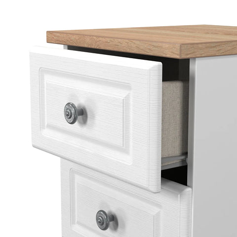 Norfolk 5 Drawer Bedside Cabinet, Bardolino Oak Top With Painted White Base - Available in choice of 3 Colours , White Ash, Kashmir Ash and dusk Grey - Open Drawer