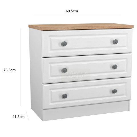 Norfolk 3 Drawer Chest, Norfolk is a two colour tone Bedroom Furniture which has Bardilon oak top and painted base. Available in choice of 3 colours White, Kashmir and Grey. Fully Assembled. Quick Delivery - Dimensions