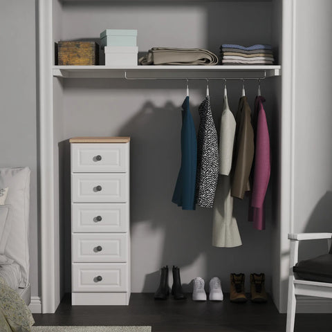 Norfolk 5 Drawer Bedside Cabinet, Bardolino Oak Top With Painted White Base - Available in choice of 3 Colours , White Ash, Kashmir Ash and dusk Grey - Lifestyle Image