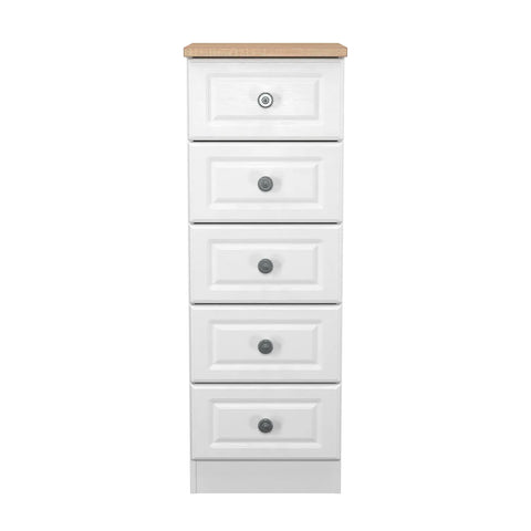 Norfolk 5 Drawer Bedside Cabinet, Bardolino Oak Top With Painted White Base - Available in choice of 3 Colours , White Ash, Kashmir Ash and dusk Grey - Front View