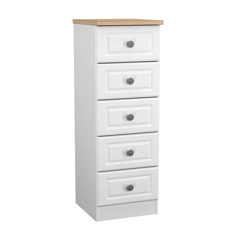 Norfolk 5 Drawer Bedside Cabinet, Bardolino Oak Top With Painted White Base - Available in choice of 3 Colours , White Ash, Kashmir Ash and dusk Grey - Main 