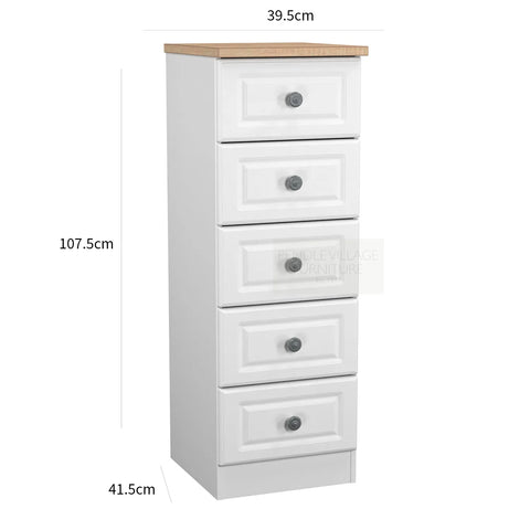 Norfolk 5 Drawer Bedside Cabinet, Bardolino Oak Top With Painted White Base - Available in choice of 3 Colours , White Ash, Kashmir Ash and dusk Grey - Dimensions