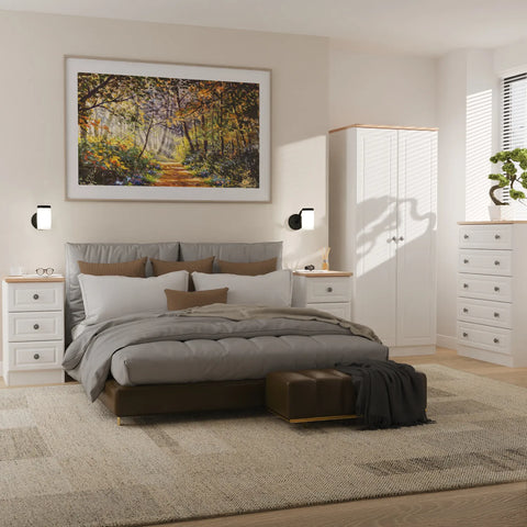 Norfolk 2 Door Hinged Wardrobe, Available in Choice of 3 Colours, White, Grey and Kashmir and features Bardolino Oak Top, Free Quick Delivery. Ready Assembled -  Bedroom Furniture set 