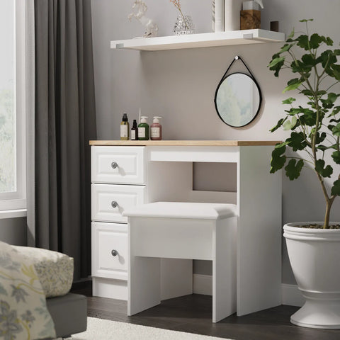 Norfolk White Ash Single Pedestal Dressing Table, Norfolk is a two colour tone Bedroom Furniture which has Bardilon oak top and painted base. Available in choice of 3 colours White, Kashmir and Grey. Fully Assembled. Quick Delivery