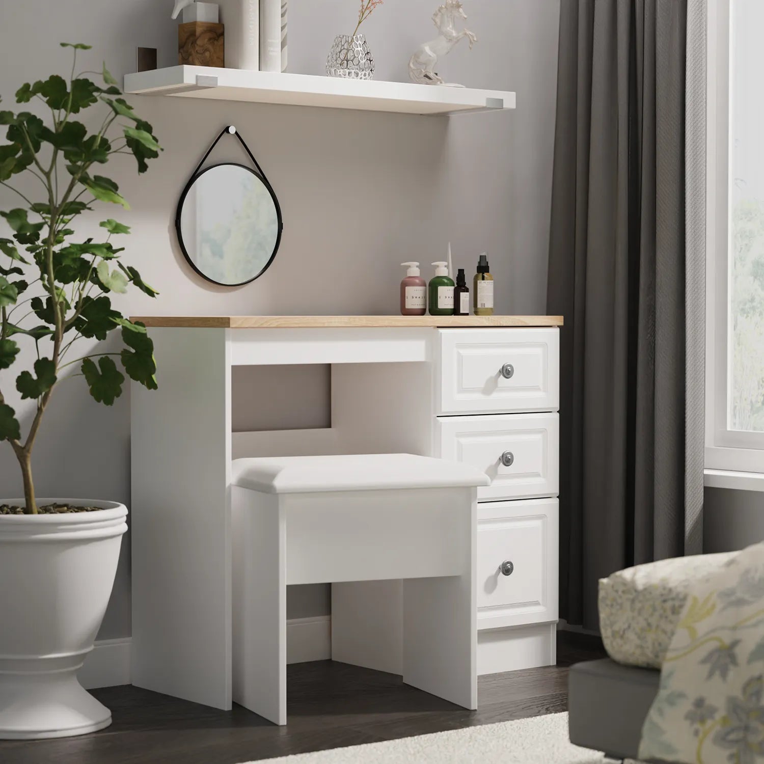 Norfolk White Ash Single Pedestal Dressing Table, Norfolk is a two colour tone Bedroom Furniture which has Bardilon oak top and painted base. Available in choice of 3 colours White, Kashmir and Grey. Fully Assembled. Quick Delivery - Main