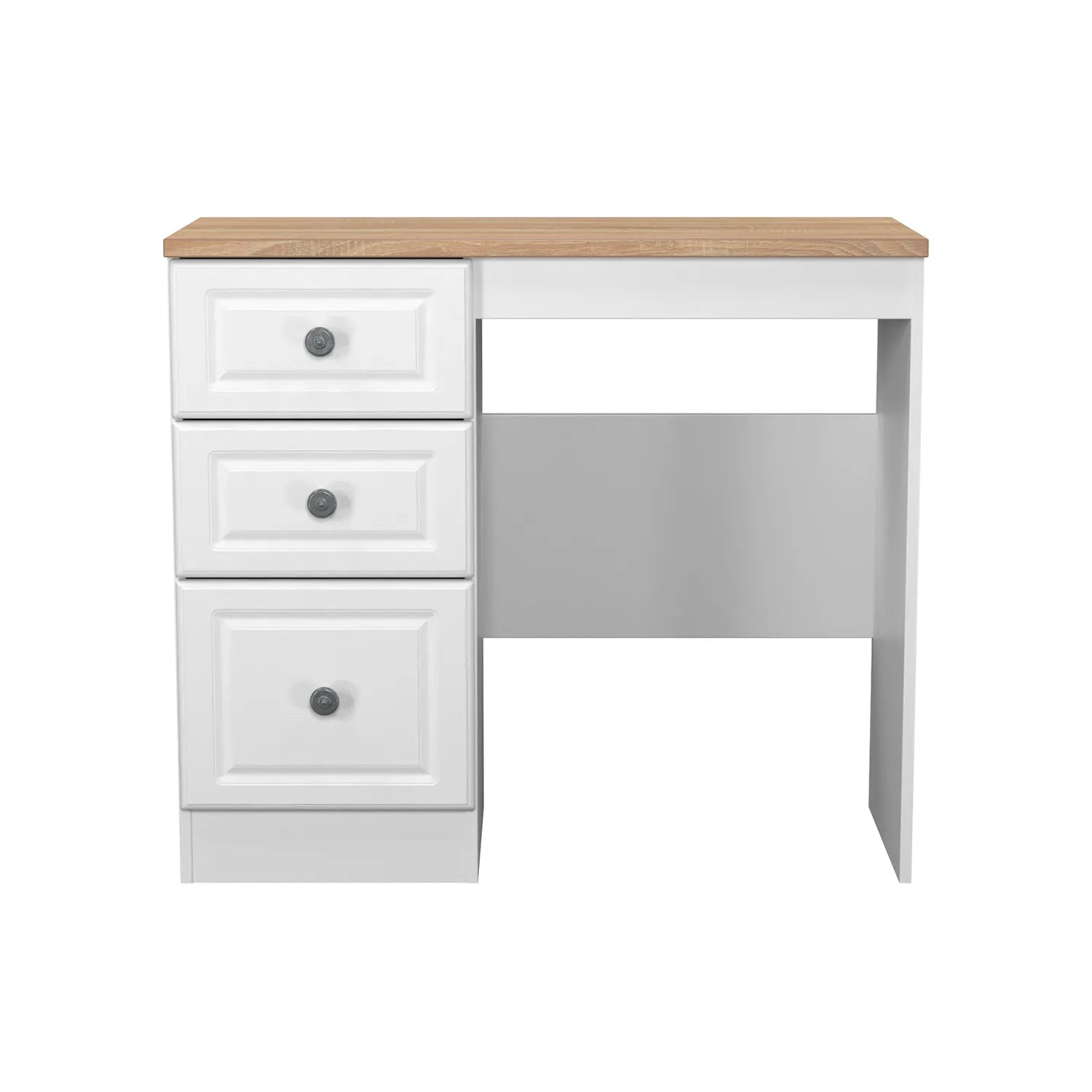 Norfolk White Ash Single Pedestal Dressing Table, Norfolk is a two colour tone Bedroom Furniture which has Bardilon oak top and painted base. Available in choice of 3 colours White, Kashmir and Grey. Fully Assembled. Quick Delivery - Front View