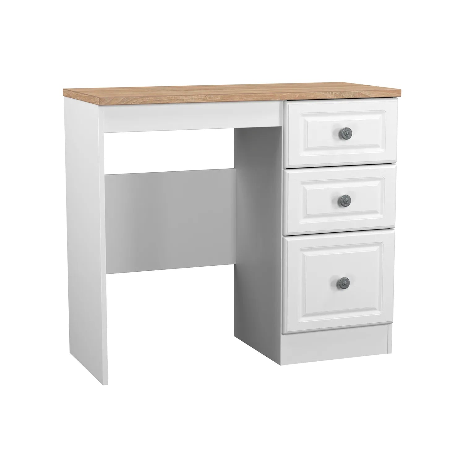 Norfolk White Ash Single Pedestal Dressing Table, Norfolk is a two colour tone Bedroom Furniture which has Bardilon oak top and painted base. Available in choice of 3 colours White, Kashmir and Grey. Fully Assembled. Quick Delivery - Vanity table