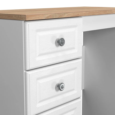 Norfolk White Ash Single Pedestal Dressing Table, Norfolk is a two colour tone Bedroom Furniture which has Bardilon oak top and painted base. Available in choice of 3 colours White, Kashmir and Grey. Fully Assembled. Quick Delivery - Close up View