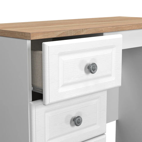 Norfolk White Ash Single Pedestal Dressing Table, Norfolk is a two colour tone Bedroom Furniture which has Bardilon oak top and painted base. Available in choice of 3 colours White, Kashmir and Grey. Fully Assembled. Quick Delivery - Open Drawer 