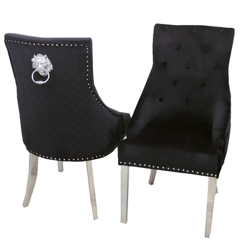 Black Velvet Dining Chairs with Chrome Legs and Lion Knocker