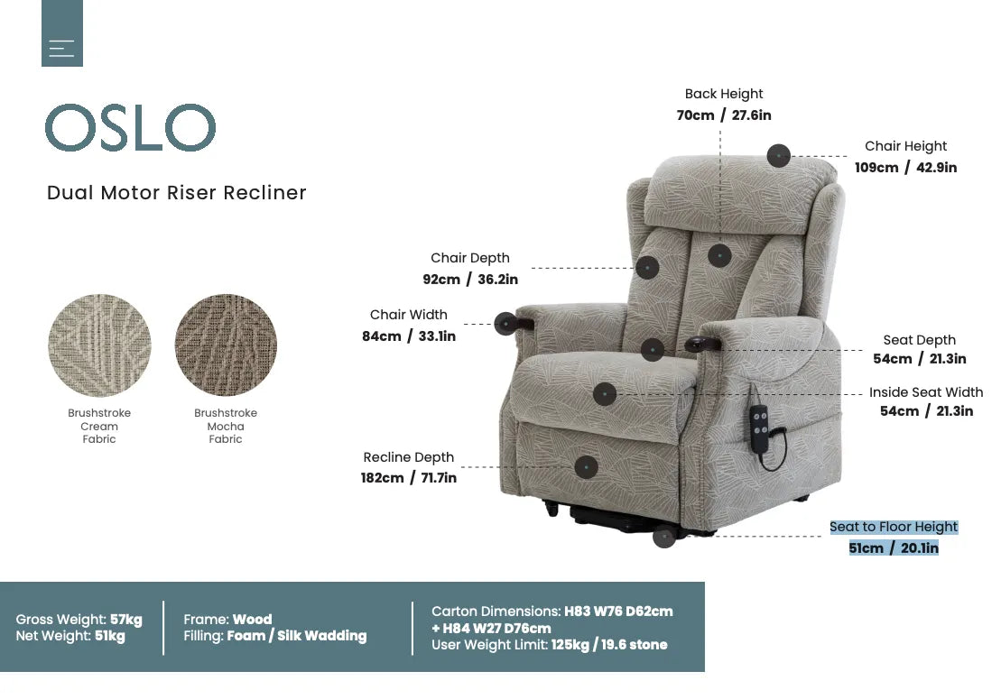 Oslo Brushstroke Cream Dual Motor Riser Recliner Chair - Dimensions