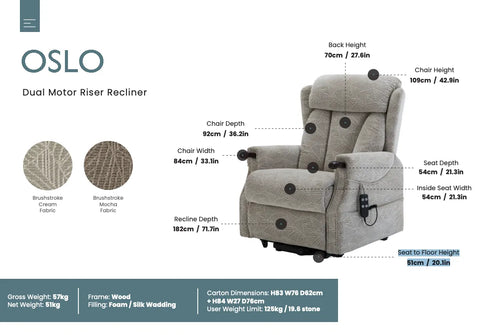 Oslo Brushstroke Cream Dual Motor Riser Recliner Chair - Dimensions