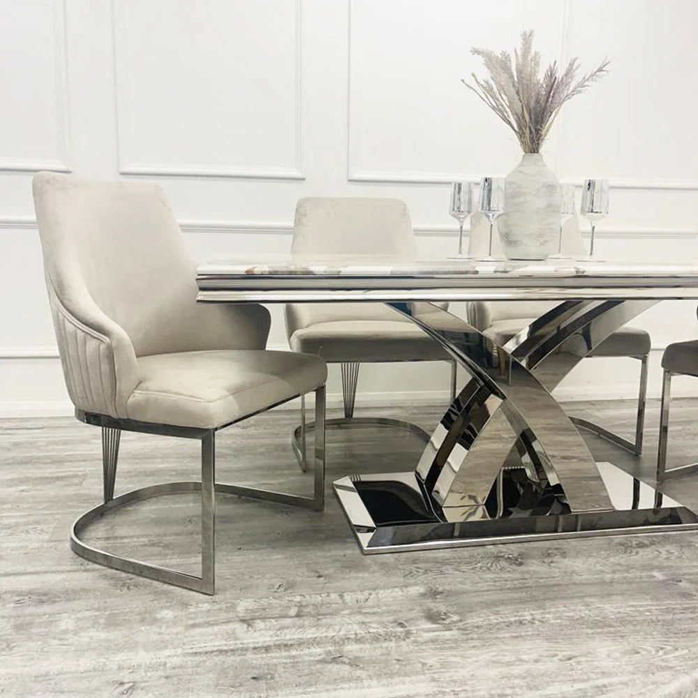 Ottavia Marble Dining Table with Ottavia Mink Velvet Dining Chair Set