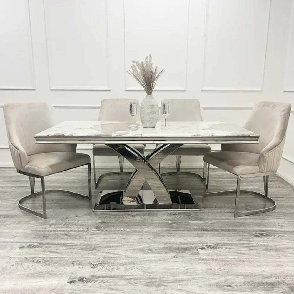 Ottavia Marble Dining Table with Ottavia Mink Velvet Dining Chair Set