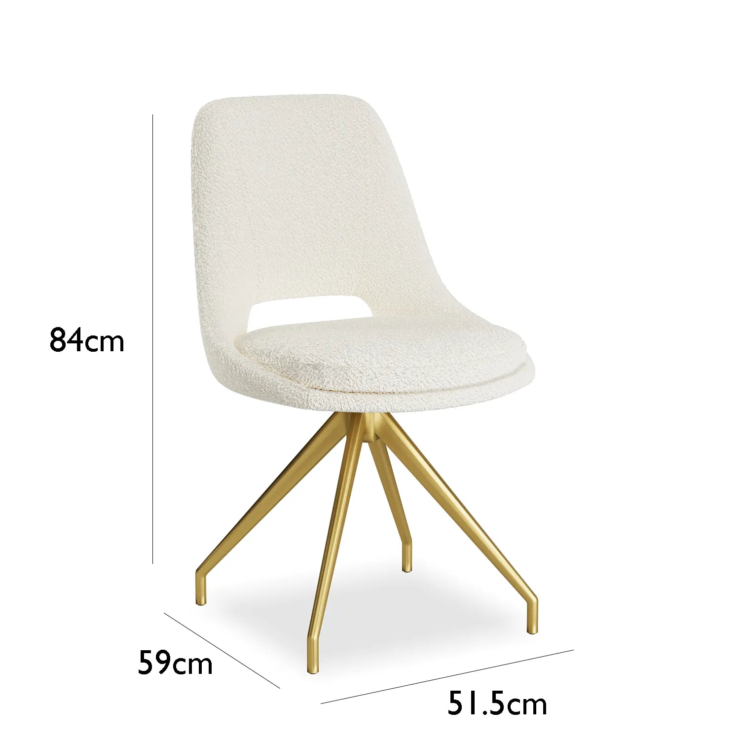 Ovell Cream Boucle Fabric Swivel Dining Chairs with Gold Legs - Dimensions