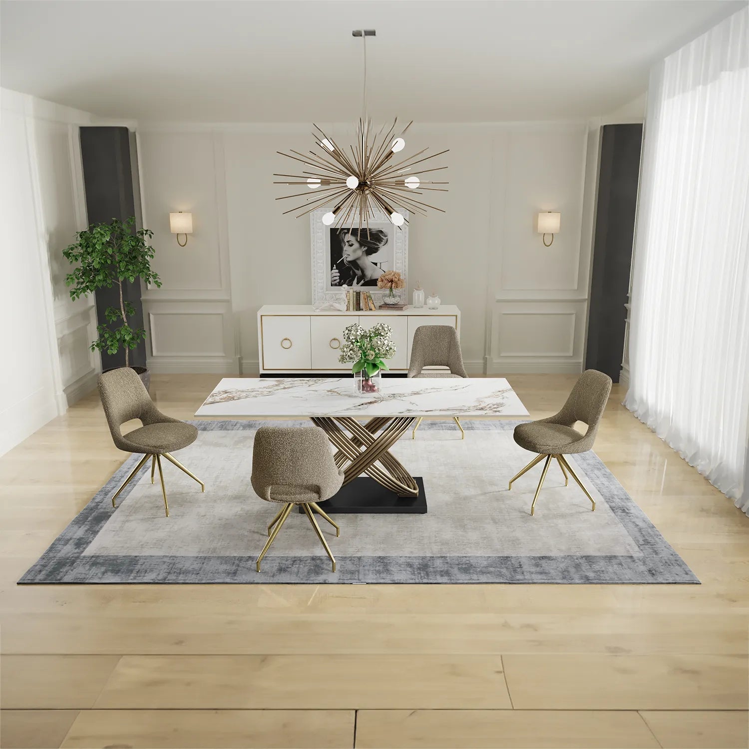 Ovell White & Gold Ceramic 1.8M Dining Table with Chairs Set