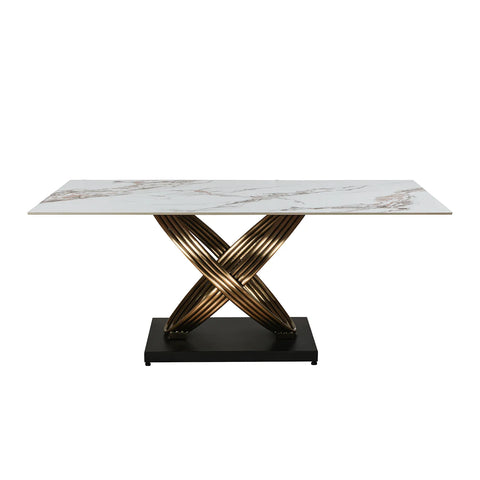 Ovell White & Gold Ceramic 1.8M Dining Table with Round Gold Pedestal Base