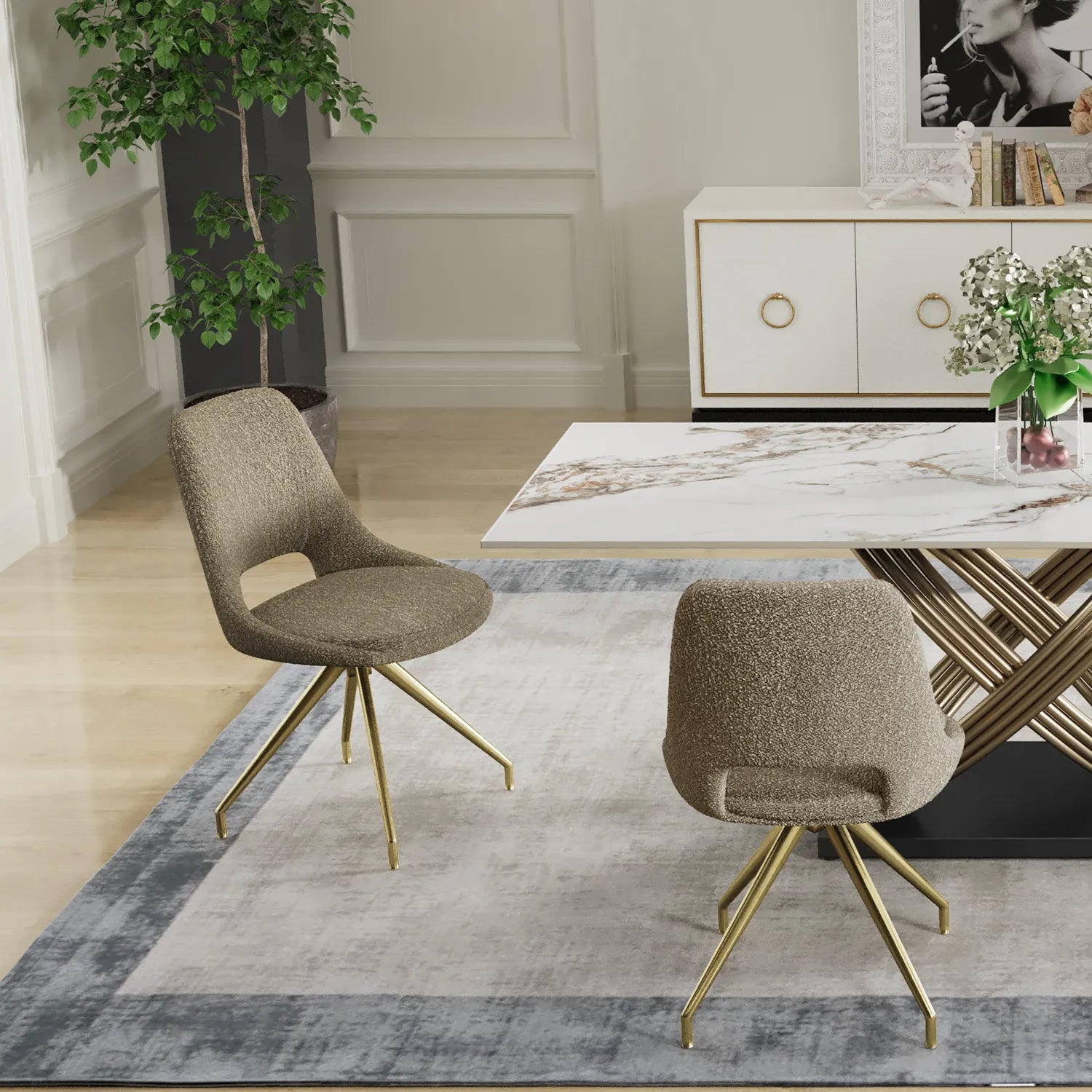 Ovell White & Gold Ceramic Dining Table with Boucle Swivel Dining Chairs