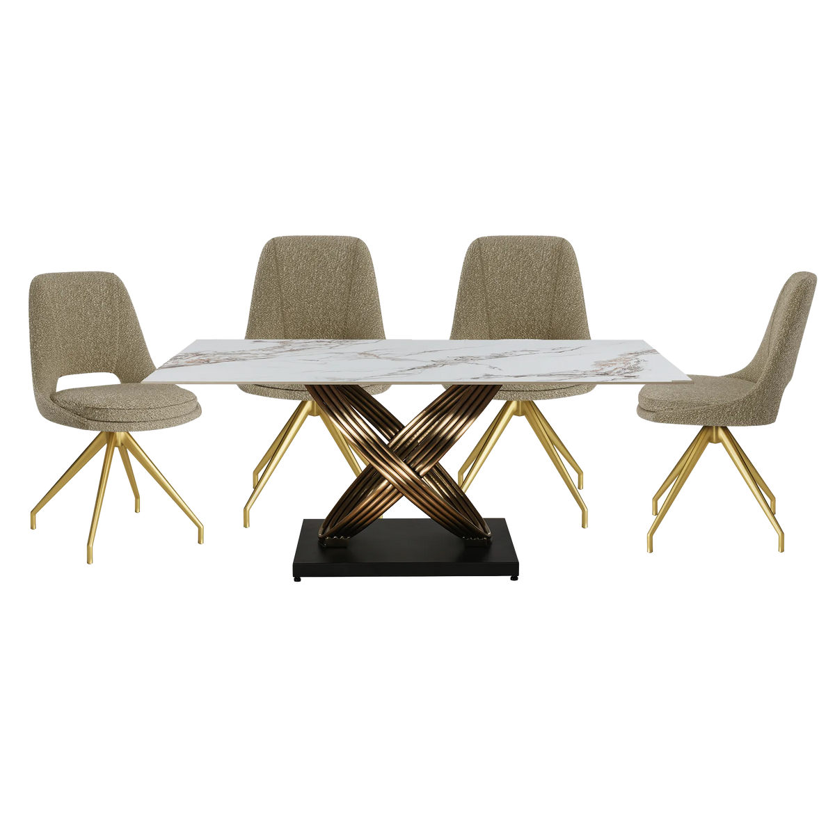 Ovell White & Gold Ceramic Dining Table with Boucle Swivel Dining Chairs