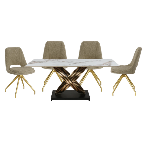 Ovell White & Gold Ceramic Dining Table with Boucle Swivel Dining Chairs