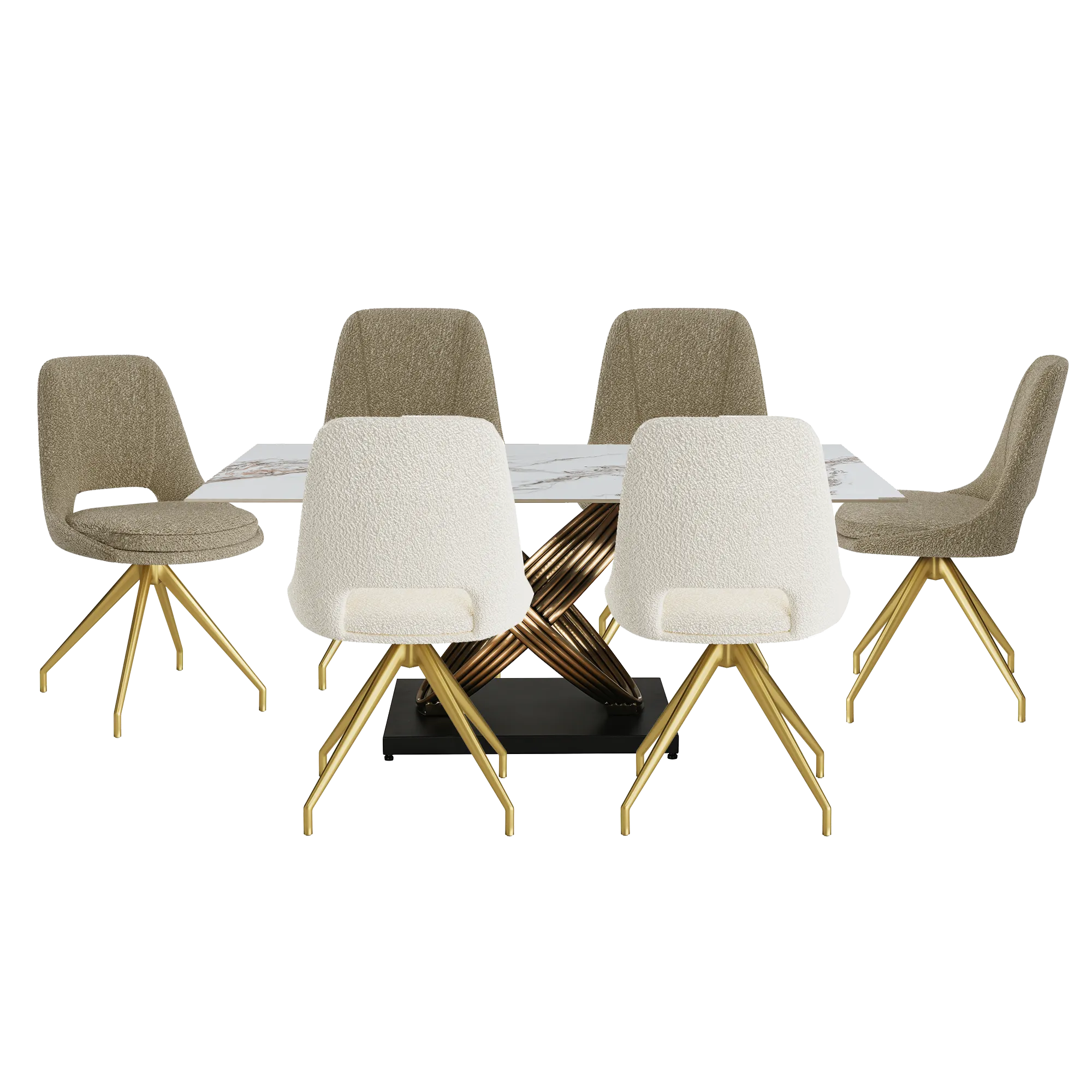 Ovell White & Gold Ceramic Dining Table with Boucle Swivel Dining Chairs