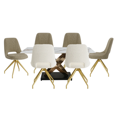 Ovell White & Gold Ceramic Dining Table with Boucle Swivel Dining Chairs