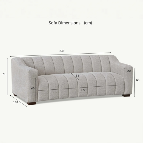 EICHHOLTZ KELLY Inspired  Paloma 3 Seater Sofa upholstered in Oatmeal (cream) Boucle Teddy fabric - Sofa Measurements 