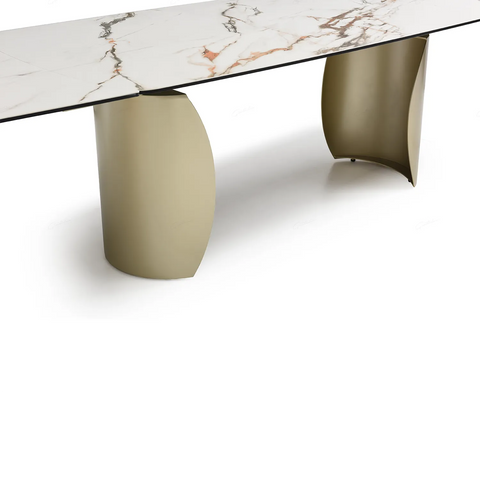 Paoli Matt White & Earth Vein Italian Ceramic Extending Dining Table with Gold Base