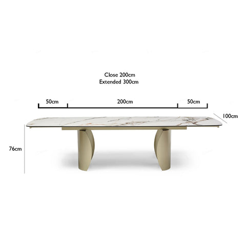 Paoli Matt White & Earth Vein Italian Ceramic Extending Dining Table - Dimensions 