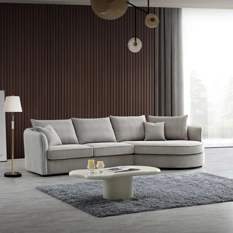 Rubin Corner Chaise Boucle Sofa in Charcoal, also available in Pebble - Lifestyle Image of Pebble Chaise Sofa