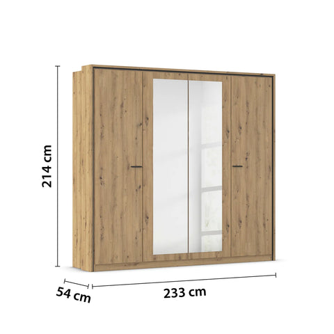 Zolo Artisan Oak 4 Door hinged Wardrobe With Mirror- 230cm