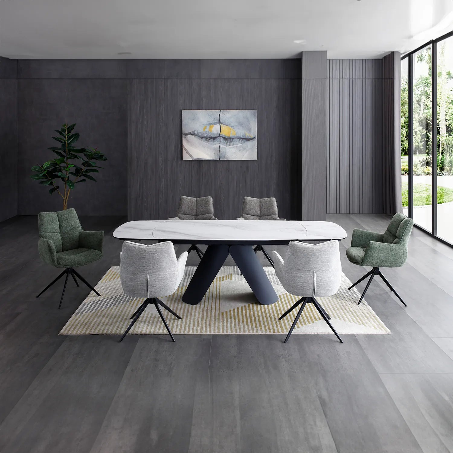 Perla Ext Dining Table with 4 Perla Carver Swivel Chairs