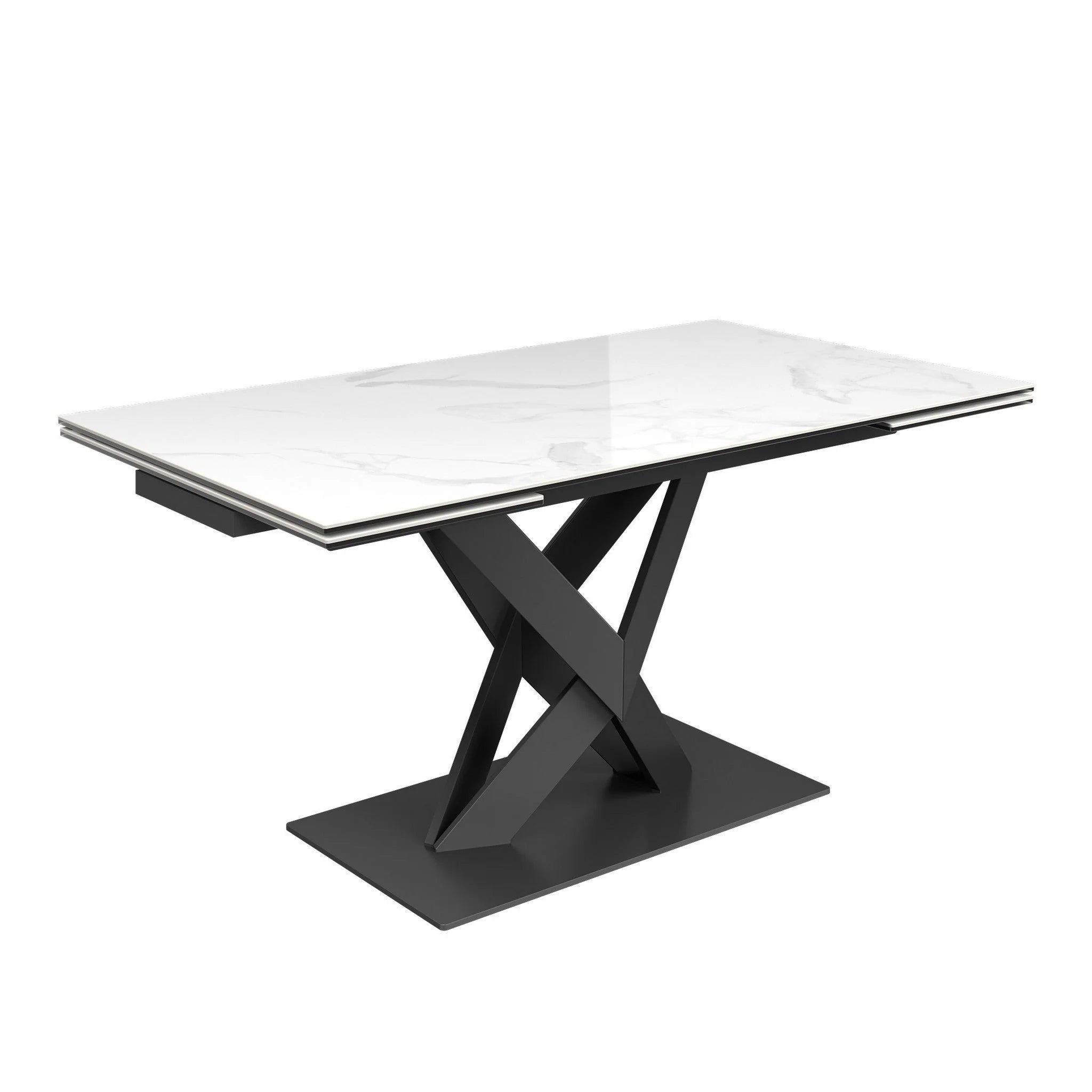 Phoenix White High Gloss Marble Effect Ceramic on Glass Extending Dining Table with  Grey Painted Steel Base