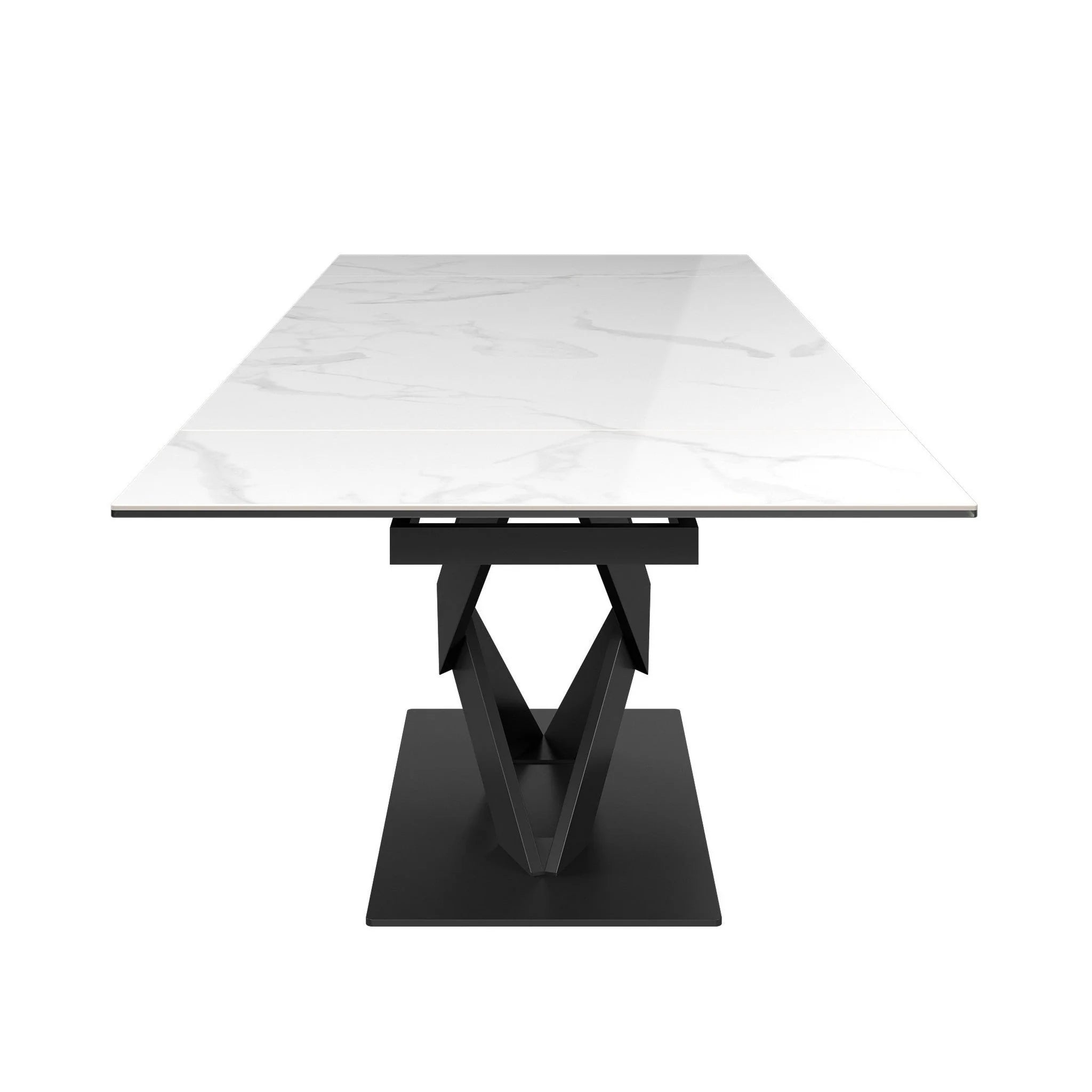 Hing Gloss White marble Effect ceramic Top Dining Table with Modern Pedestal Base